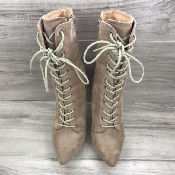 Olivia Ferguson Boots Womens 7.5 Tan Faux Suede Zip Lace Up Stiletto Heels - Picture 6 of 10